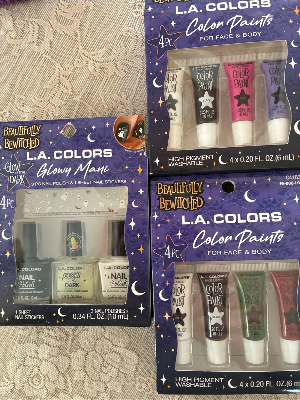 L.A. Colors Glow & Color Paints Set - White, Black, Pink, Purple, Green, Red